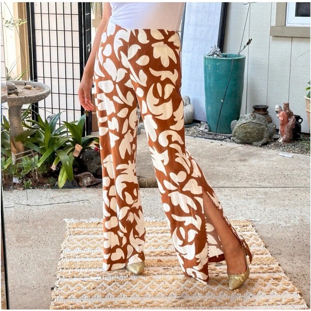 House‎ Of Harlow 1960 Linen Wide Leg Pants Side Slits Beaded Trim 6 Boho Flowy